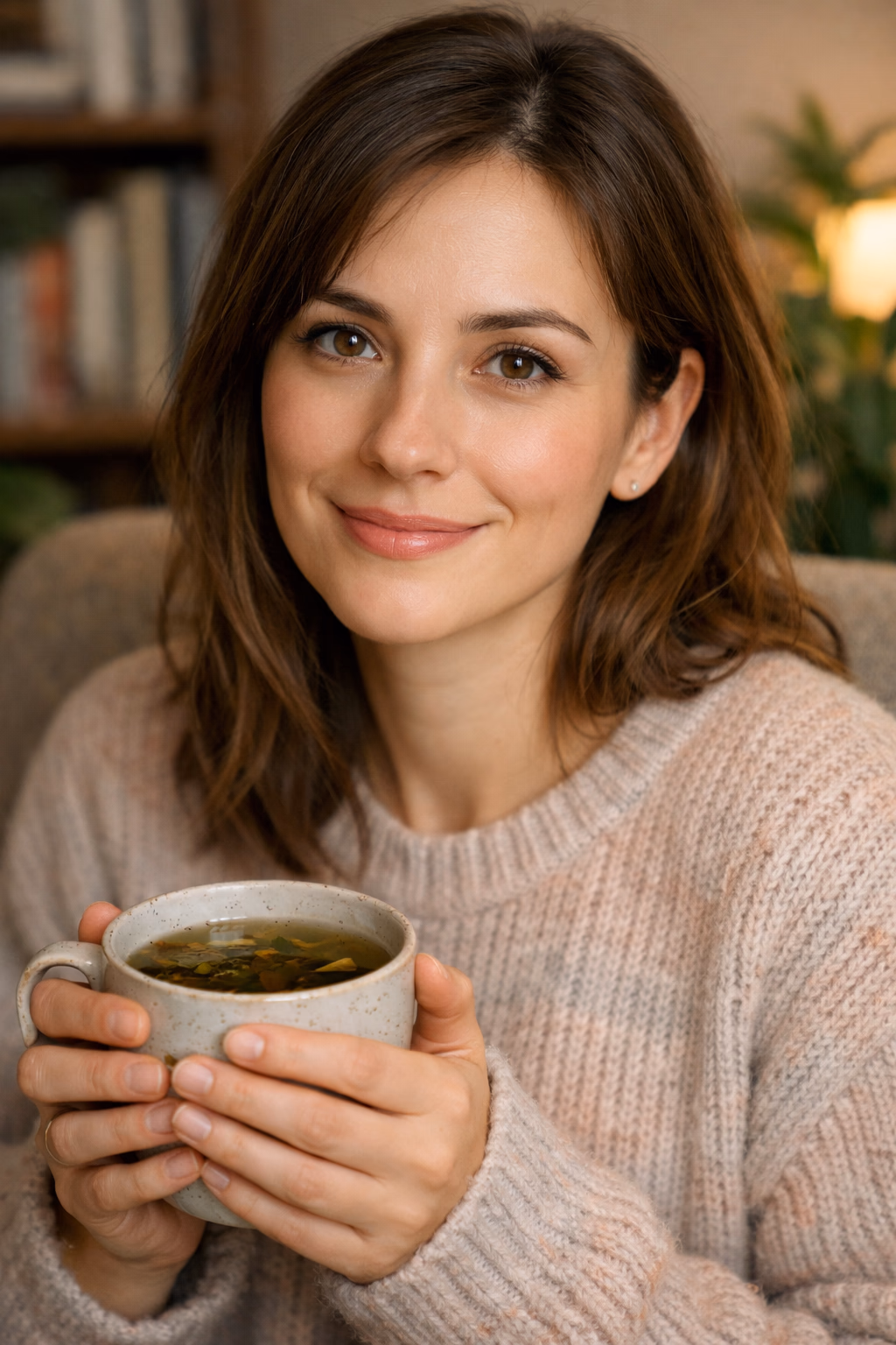 Elena Novak, a 32-year-old woman with soft facial features and warm brown eyes, sits in a cozy armchair wearing a pastel knit sweater. The room is filled with green plants and bookshelves. She holds a ceramic cup of herbal tea and looks calm and attentive.