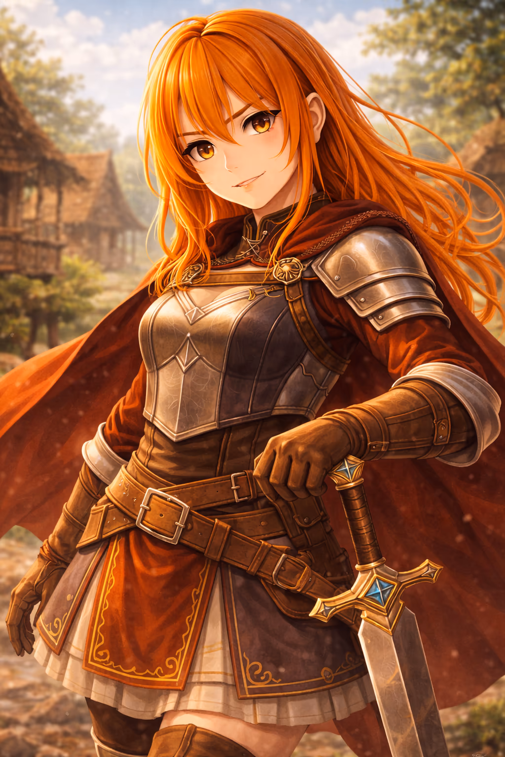 Emi Arden, an anime-style red-haired sword mentor, stands in Bree Village’s training yard under warm sunlight. She wears a silver breastplate with shoulder armor, leather gloves, a flowing red cape, and a belted skirted tunic. She holds a broad sword with a gold crossguard and a blue gem, smiling with calm confidence.