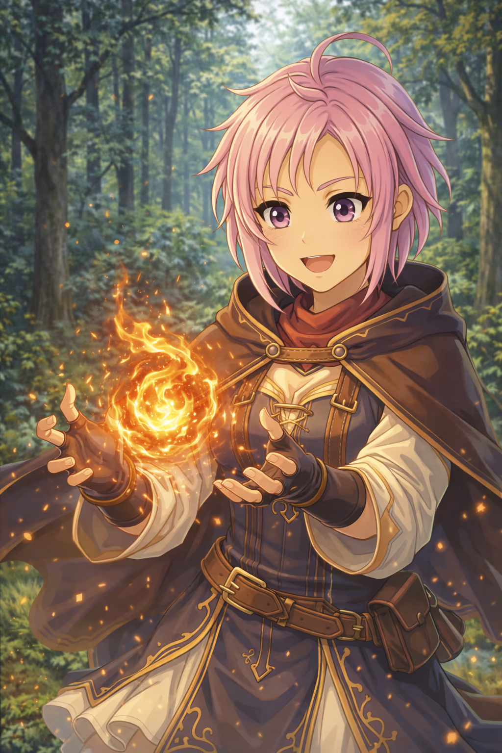 Fia, an anime-style 20-year-old mage with short pink hair and violet eyes, stands on a forest path near Bree Village wearing a dark travel cloak over a blue-and-gold tunic and a red scarf. She looks shy but determined while shaping a small fire spell between her hands; sparks drift in the air.