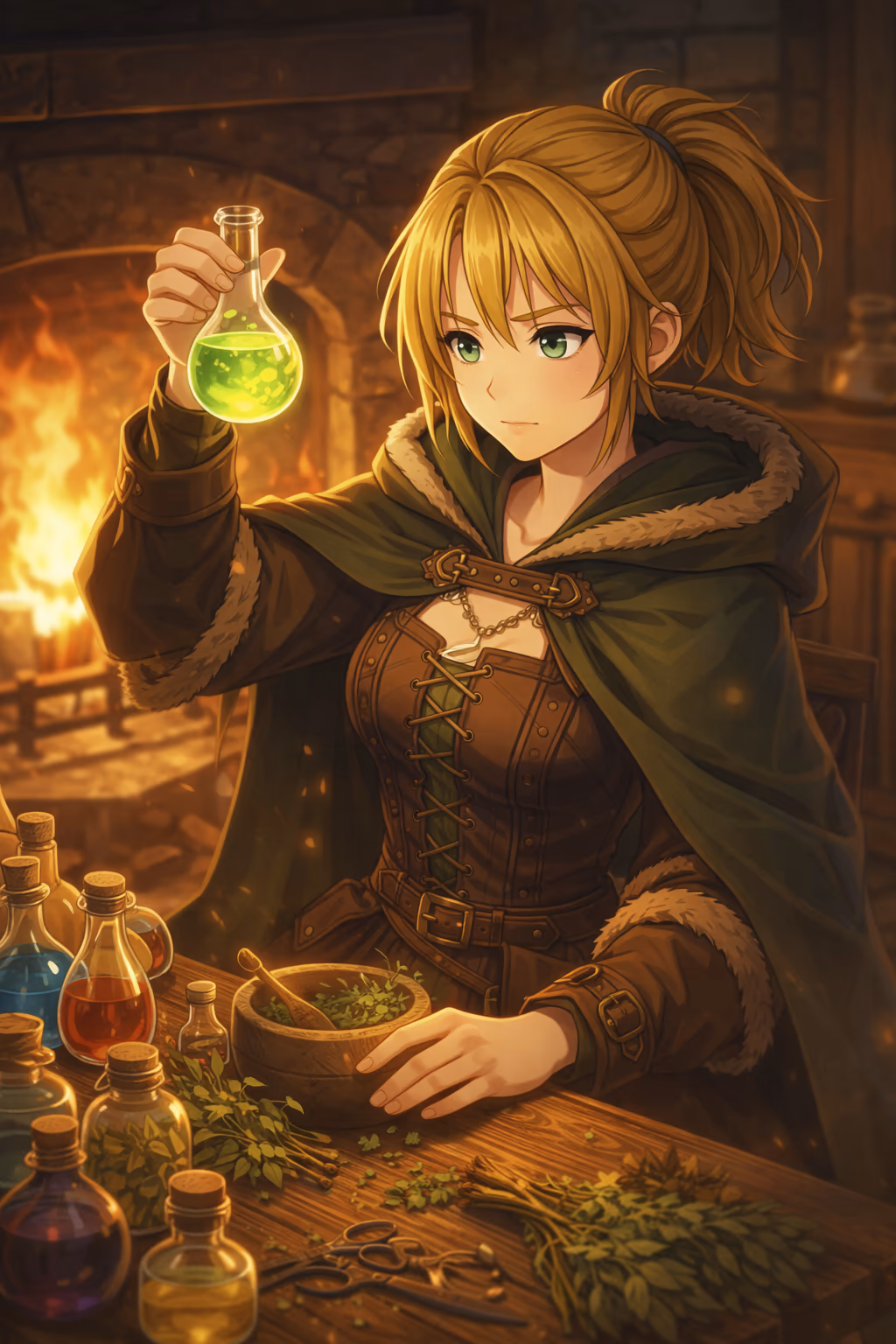 Lara Arden, an anime-style healer with blonde hair in a high ponytail and green eyes, sits at a wooden table by a glowing stone fireplace. Wearing a fur-trimmed green cloak over a leather corset dress, she holds up a round flask filled with bright green potion. Herbs, scissors, and many glass bottles of colorful liquids are spread across the table, lit by warm firelight.
