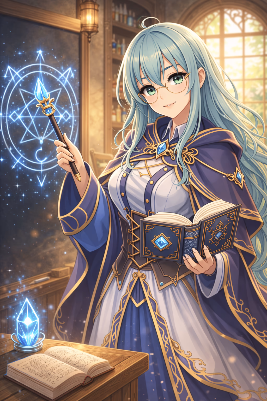 Mira Ray, an anime-style elemental magister with long seafoam-blue hair and round glasses, stands in a warm arcane study in Bree Village. She holds a wand topped with a glowing blue crystal in one hand and an ornate spellbook in the other; behind her, a chalkboard shows a bright magical circle, and sunlight pours through a tall window onto a desk with an open book and a floating crystal.