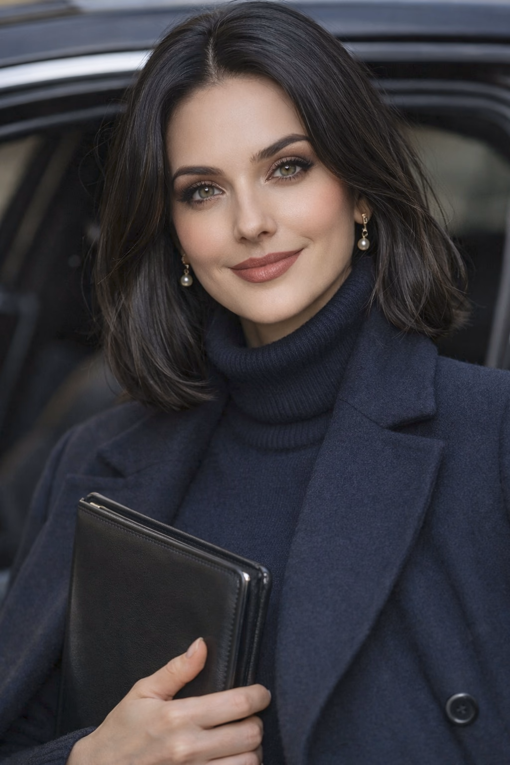 Sophia von Schwarz, an elegant 36-year-old woman with a porcelain complexion and a dark long-bob hairstyle, sits at an executive desk with a fountain pen and an open notebook. Her olive-green eyes look calm and focused; the office feels quiet, high-end, and disciplined.